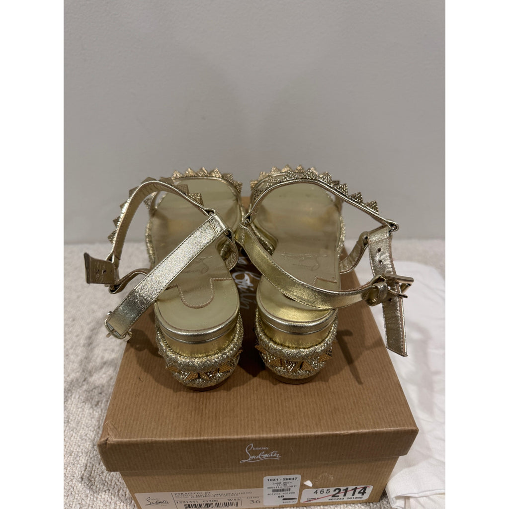Christian Louboutin Pyraclou 60 Silver Spiked Wedge Sandals Size 36 BNIB