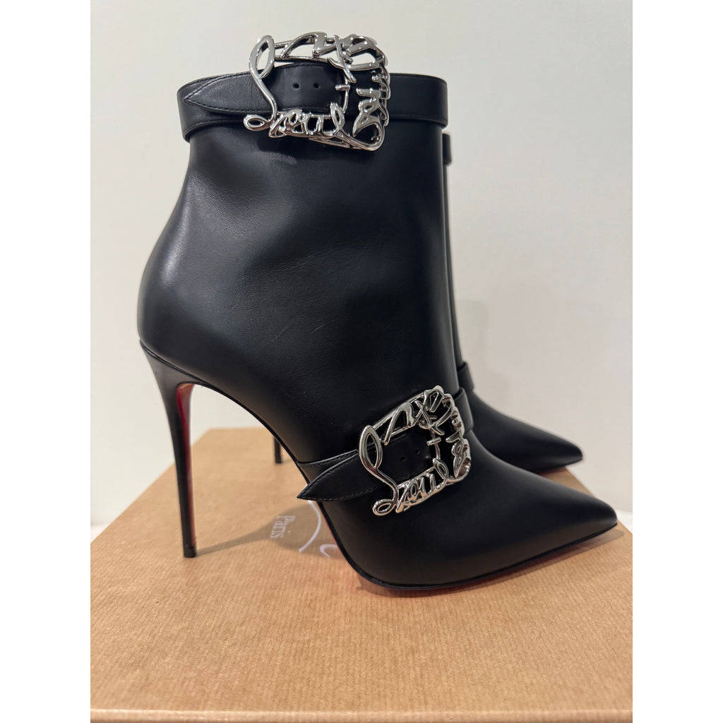 Christian Louboutin Giddylina 100mm Black Leather Buckle Ankle Boots Size 37.5 New in Box