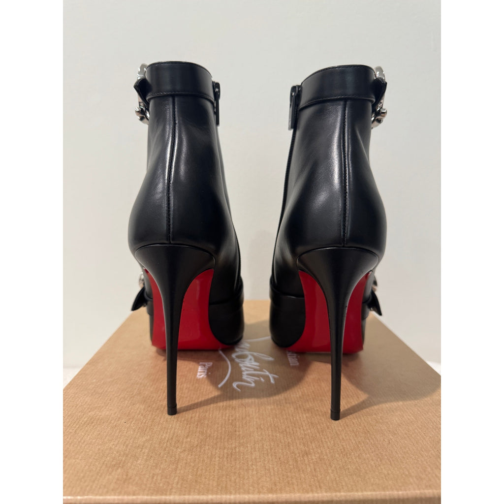 Christian Louboutin Giddylina 100mm Black Leather Buckle Ankle Boots Size 37.5 New in Box