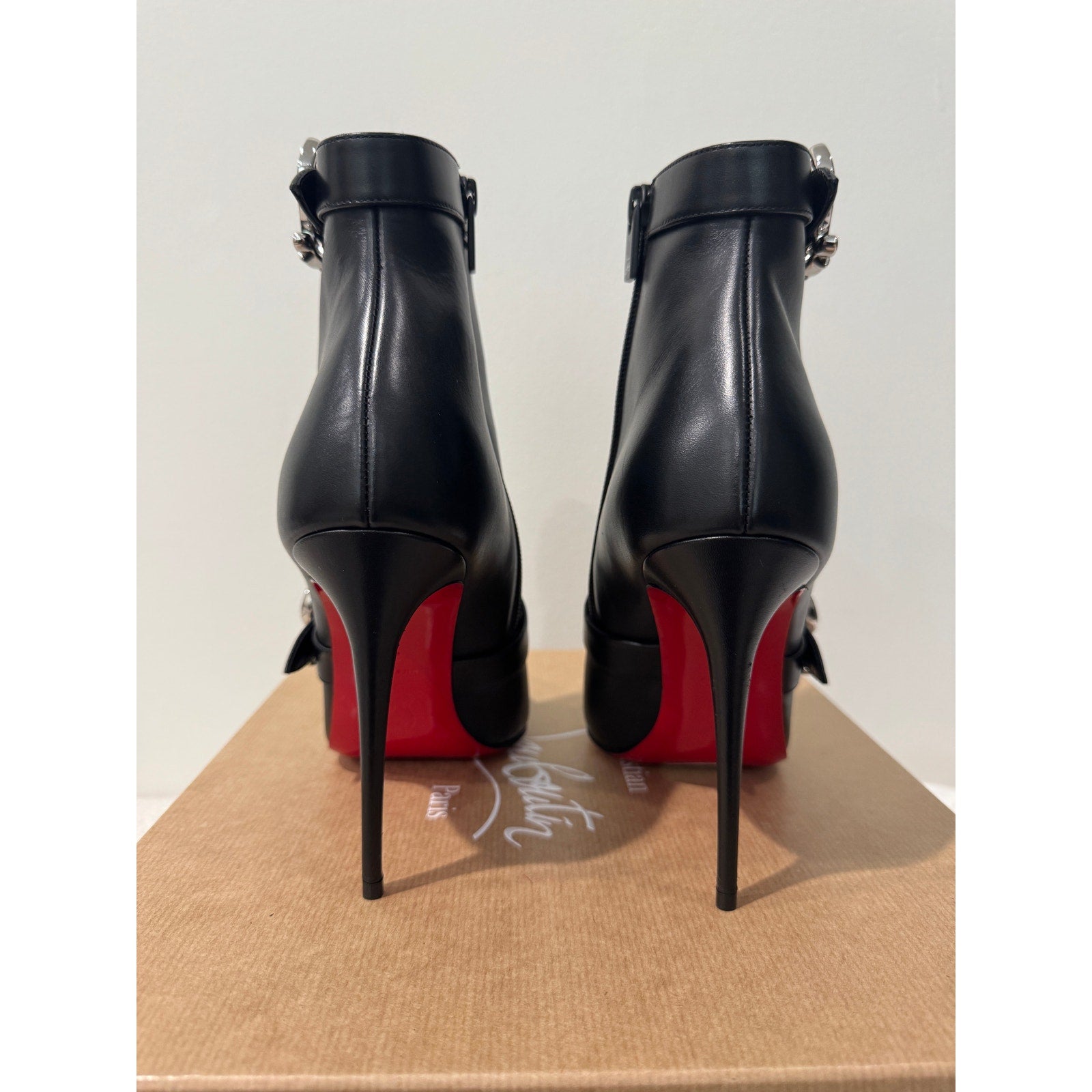 Christian Louboutin Giddylina 100mm Black Leather Buckle Ankle Boots Size 37.5 New in Box