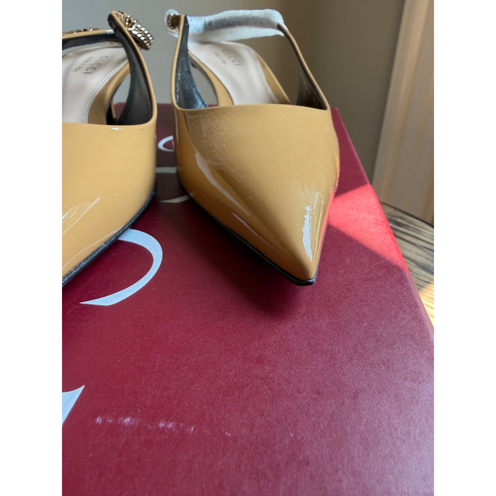 Gucci Signoria Patent Leather Slingback Pumps Beige Size 37 NIB