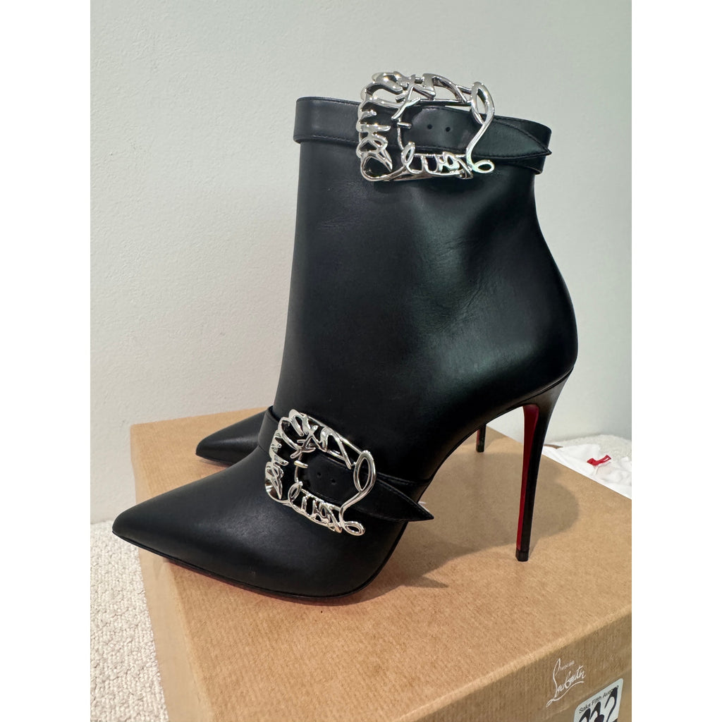 Christian Louboutin Giddylina 100mm Black Leather Buckle Ankle Boots Size 37.5 New in Box