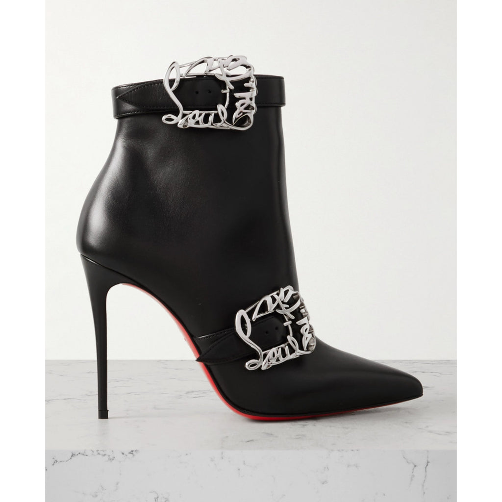 Christian Louboutin Giddylina 100mm Black Leather Buckle Ankle Boots Size 37.5 New in Box