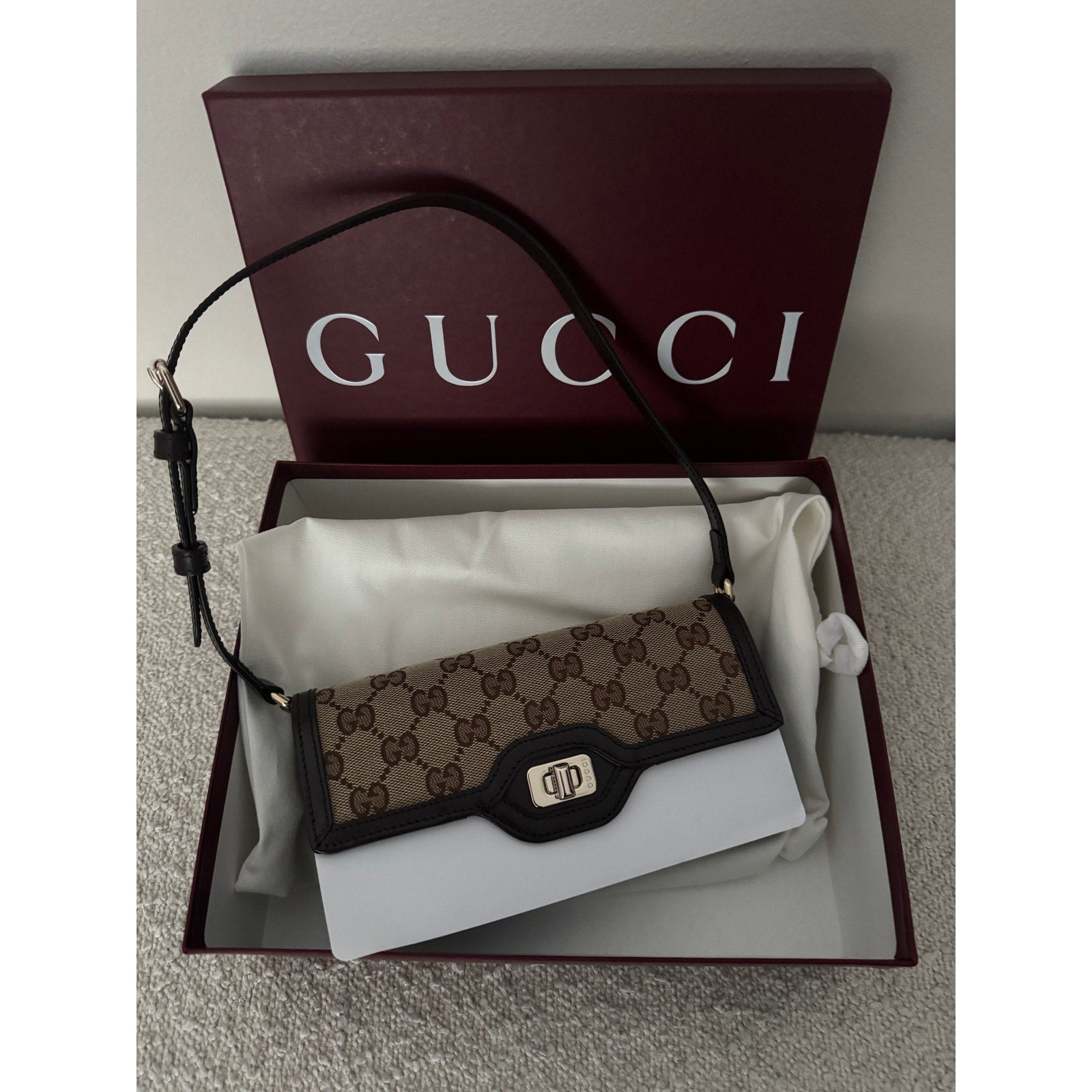 GUCCI GG Monogram Mini Luce Shoulder Bag Beige Ebony NWT