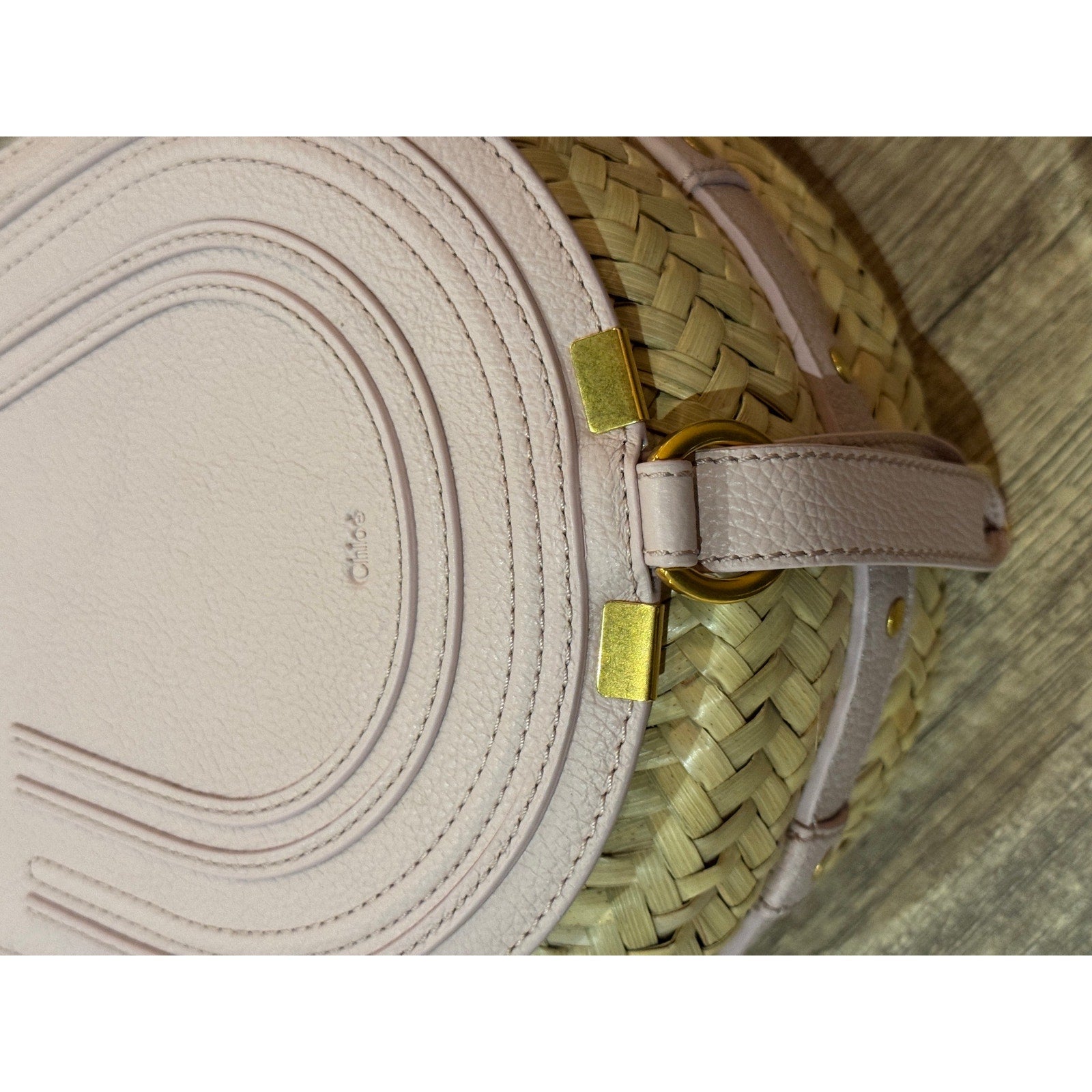 Chloé Marcie Pebbled Leather & Straw Crossbody Bag Pastel Pink Gold Hardware NWT