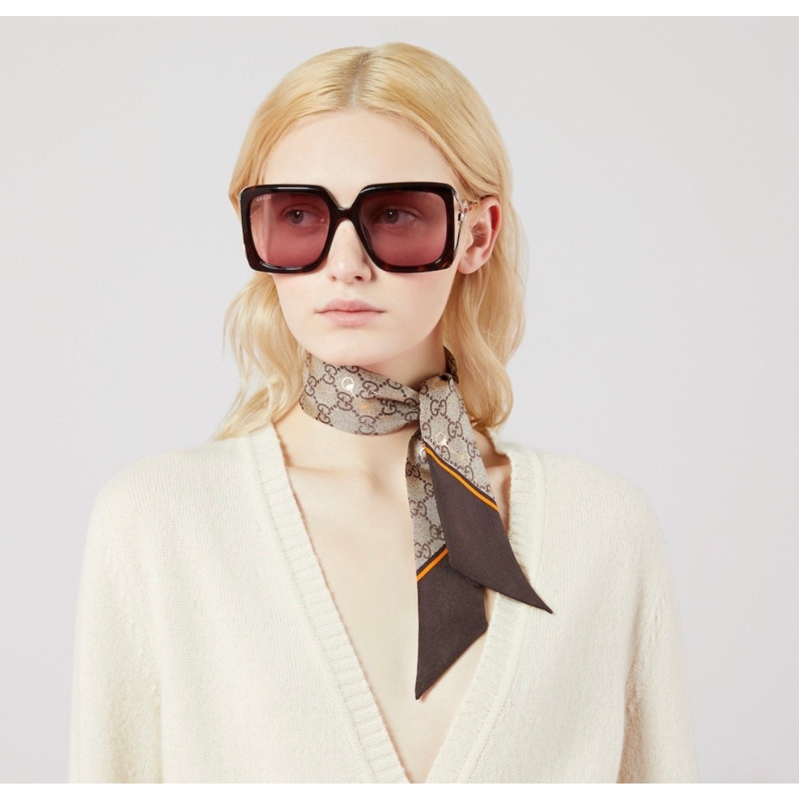Gucci GG Printed Silk Neck Bow Scarf Beige Brown — Brand New in Box
