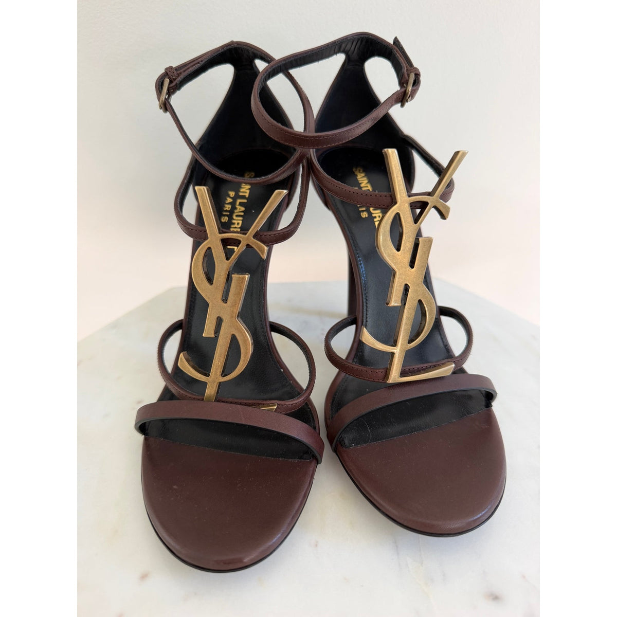Saint Laurent Cassandra YSL Brown Leather Strappy Heeled Sandals Size 38.5 BNIB