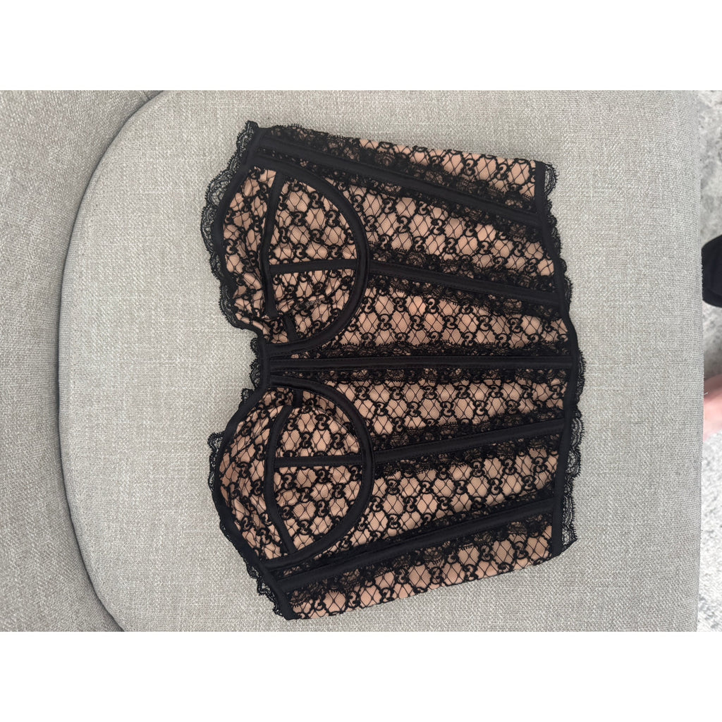 GUCCI Lace-Trimmed Embroidered Cotton-Blend Tulle And Satin Bustier Top Black M