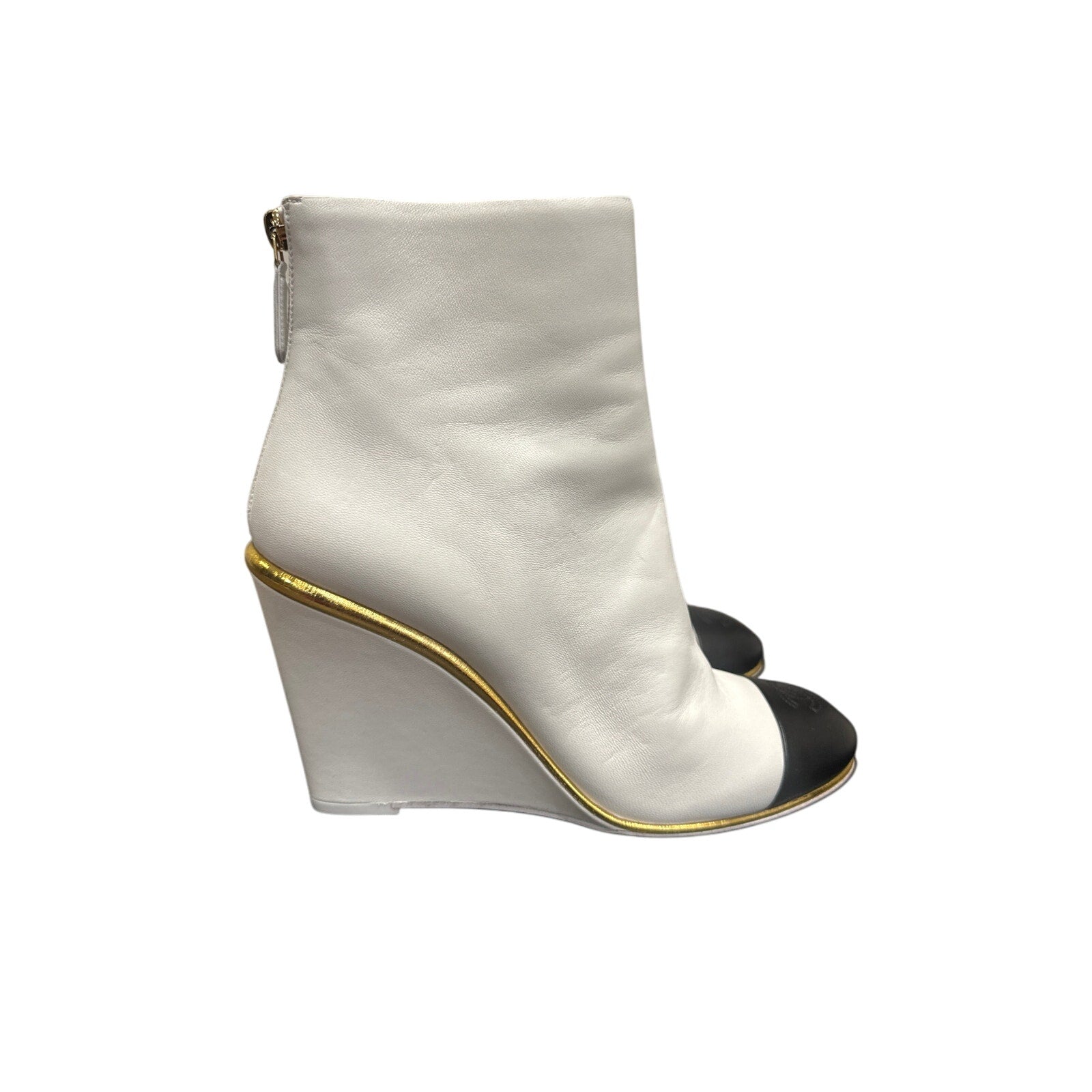 CHANEL Lambskin Cap Toe Wedge Boots White Black Size 38.5