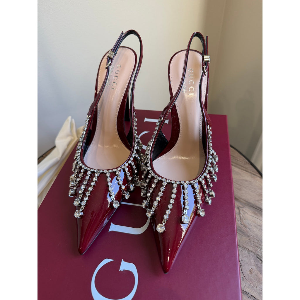 Gucci Guinevere Crystal Leather Slingback Stiletto Pumps NWT 37.5