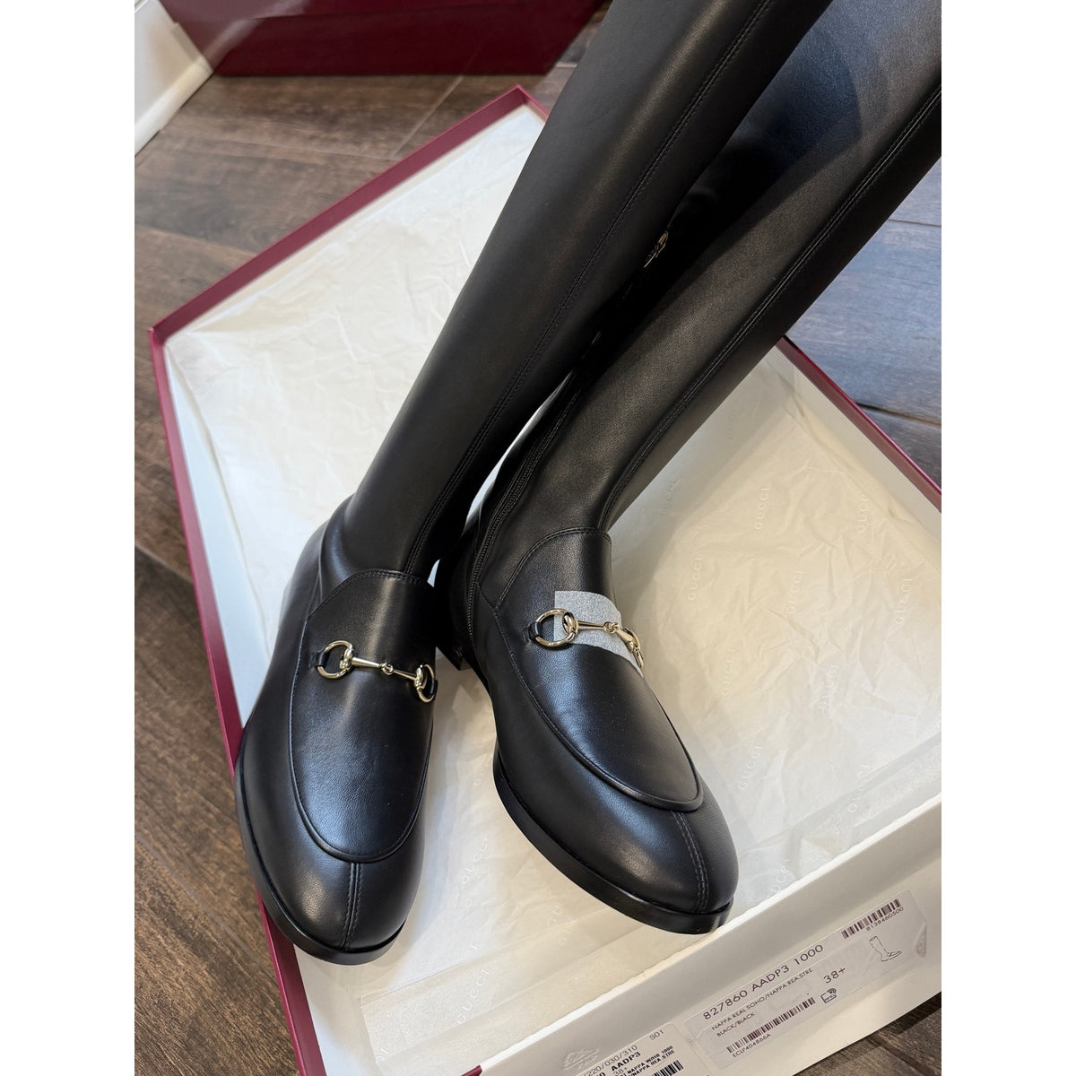 Gucci Jordaan Leather Knee High Boots Black Lambskin Horsebit Size 38.5 BNIB