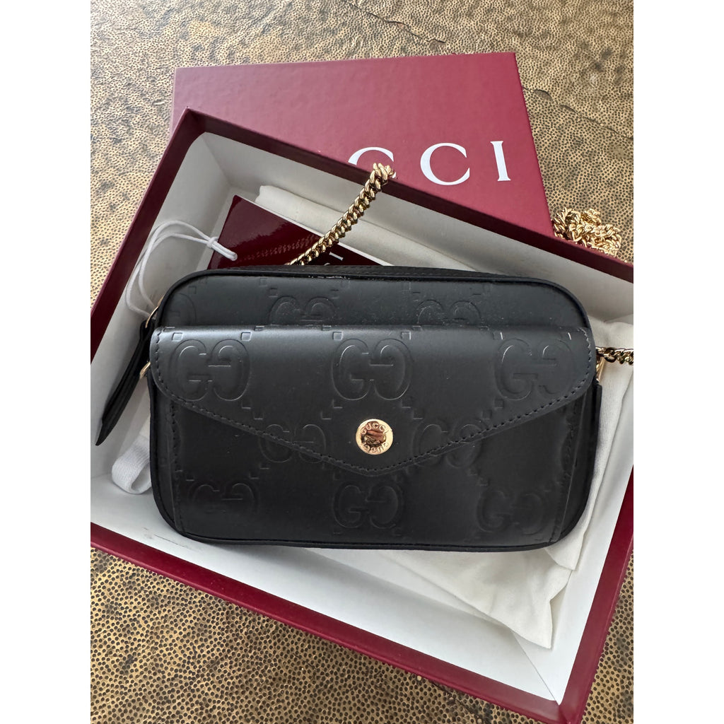 Gucci GG Super Mini Shoulder Bag Black Leather with Chain Strap Brand BNIB