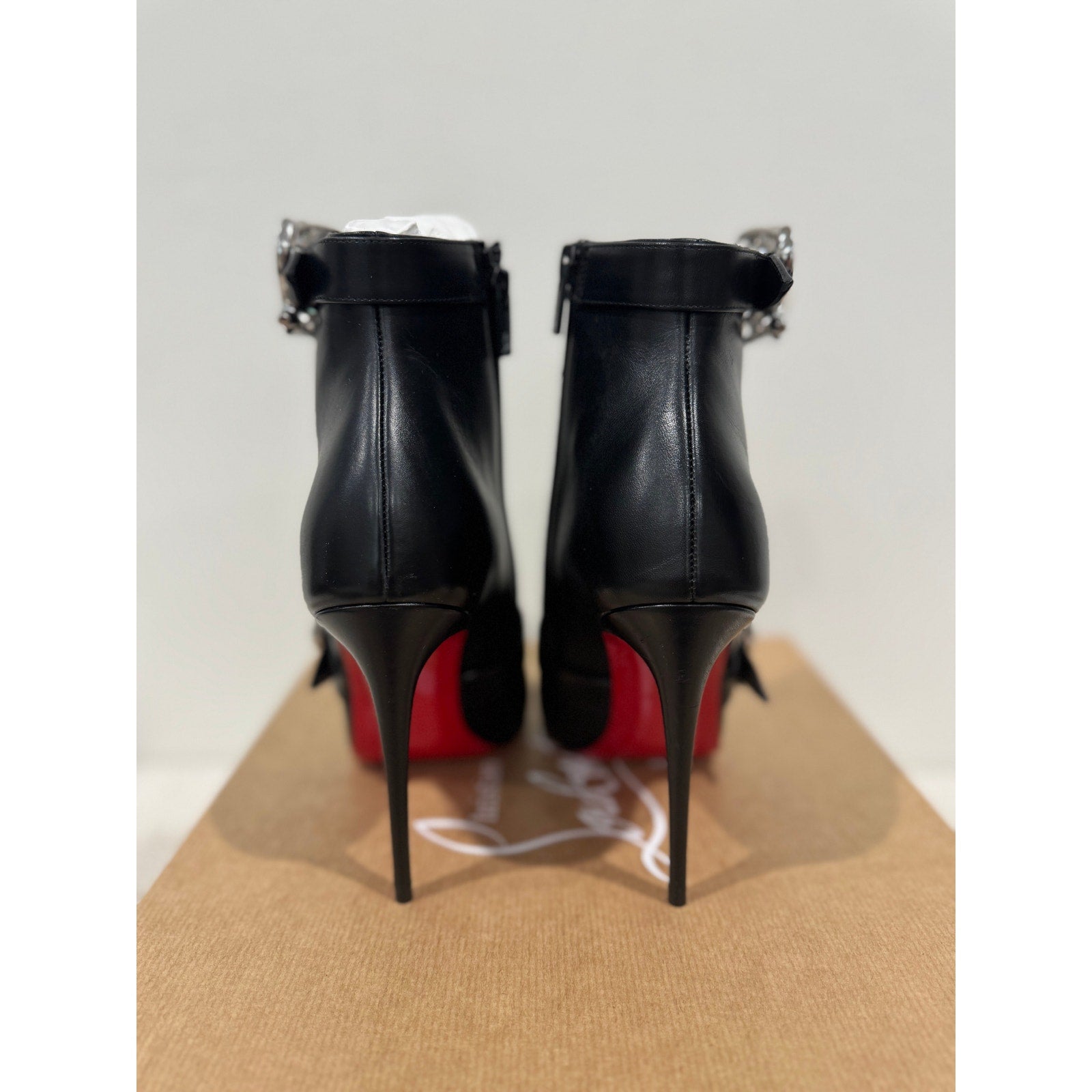 Christian Louboutin Giddylina 100mm Black Leather Buckle Ankle Boots Size 37.5 New in Box