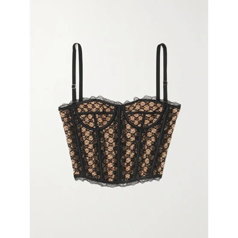 GUCCI Lace-Trimmed Embroidered Cotton-Blend Tulle And Satin Bustier Top Black XS