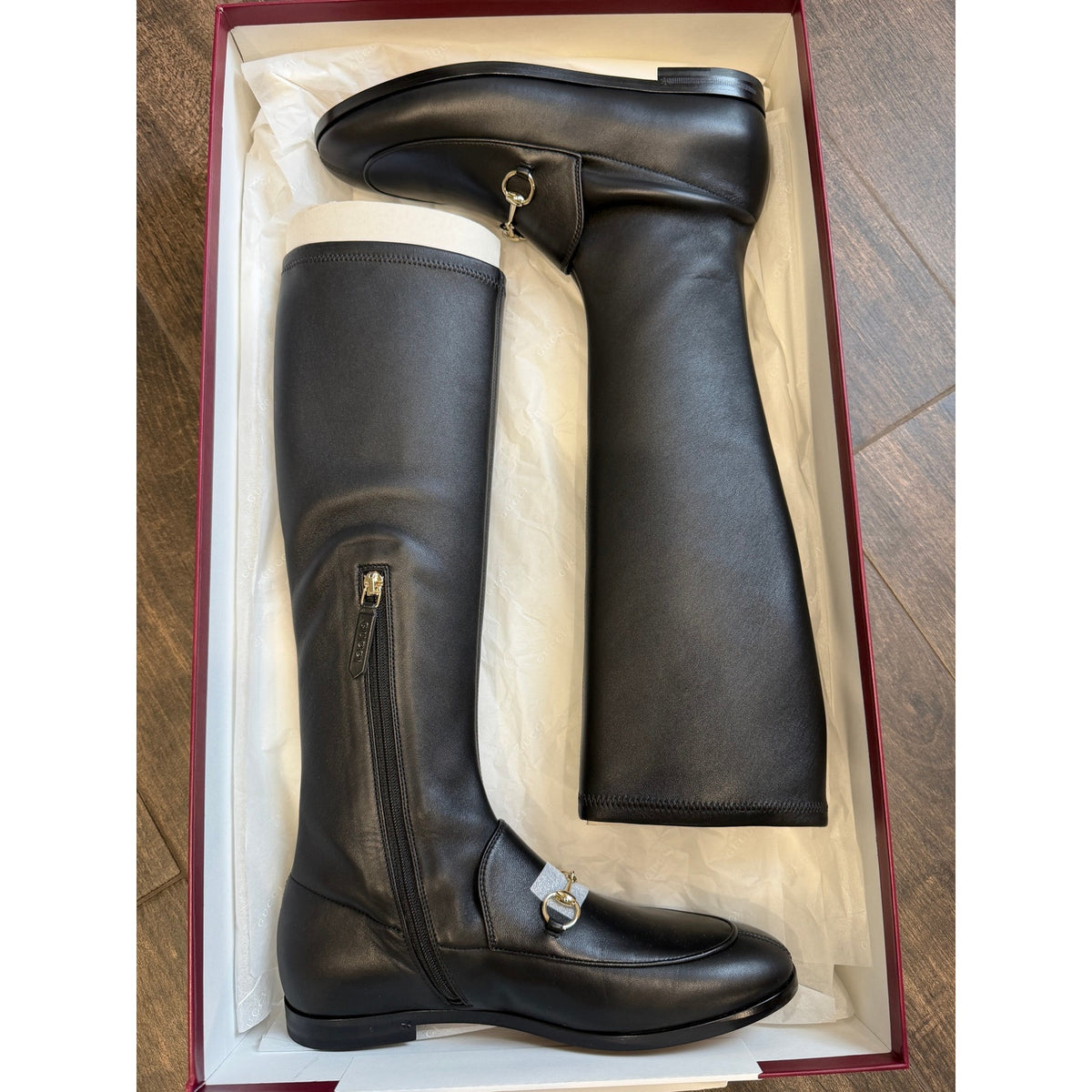Gucci Jordaan Leather Knee High Boots Black Lambskin Horsebit Size 38.5 BNIB