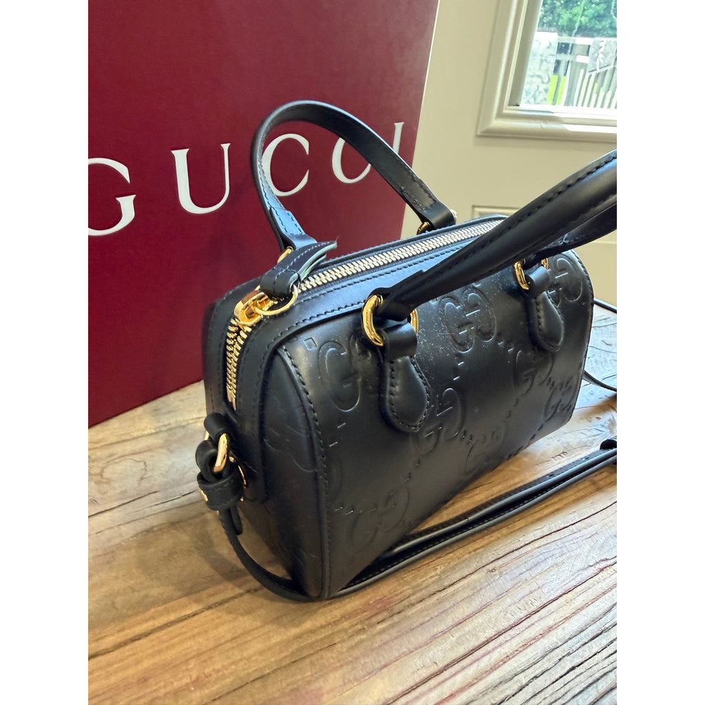 Gucci GG Super Black Mini Tote Bag Black Debossed GG Leather Crossbody NWT