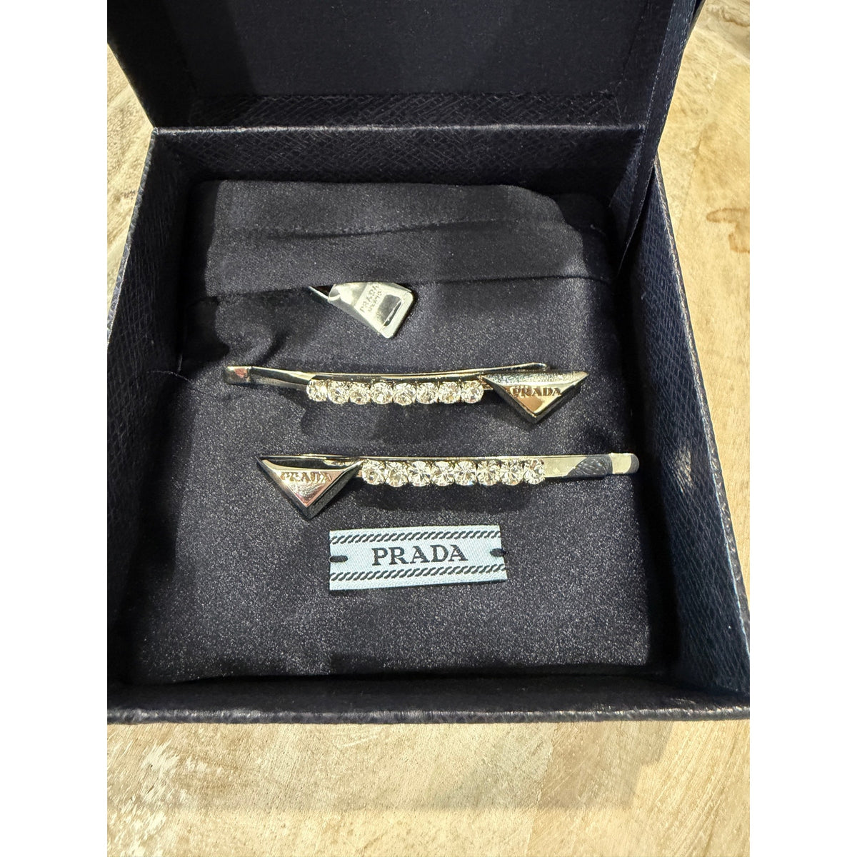 Prada Crystal Embellished Triangle Hair Clips Silver Set of 2 NIB