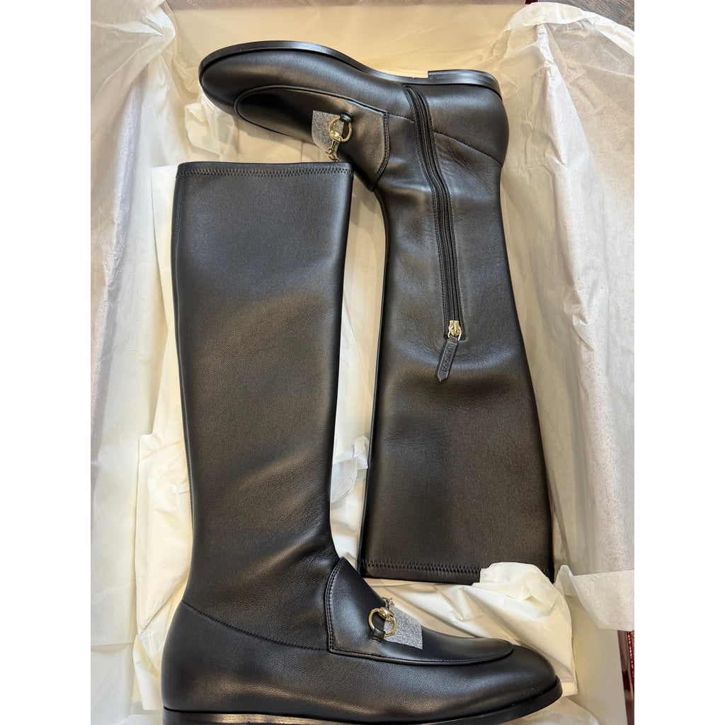 Gucci Jordaan Leather Knee High Boots Black Lambskin Horsebit Size 37.5 BNIB