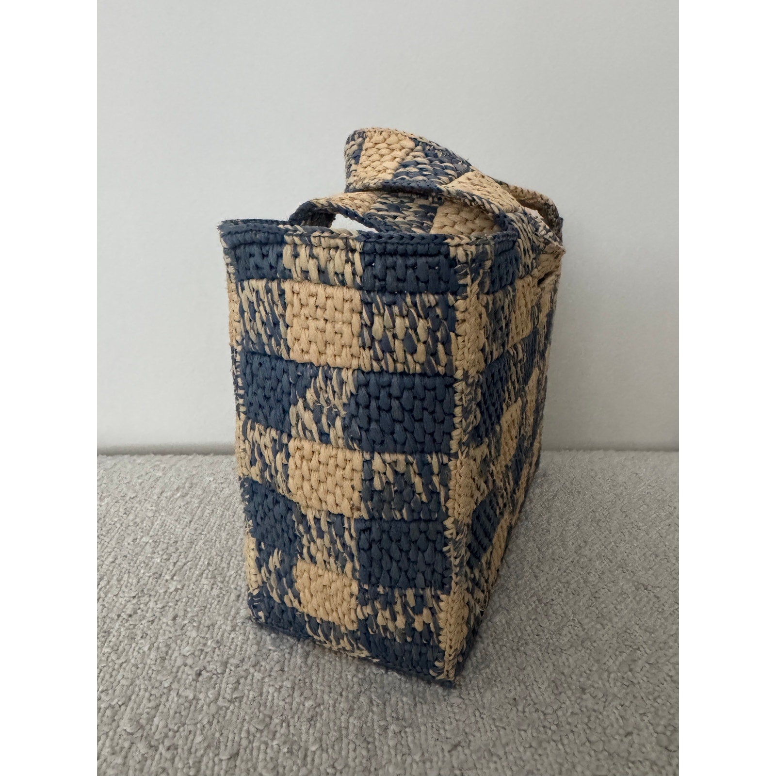 Loewe Paula’s Ibiza Raffia Blue Checked Tote NWT Embroidered Logo