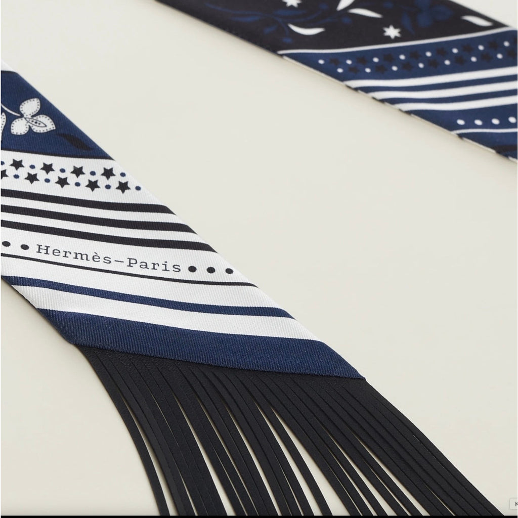 Hermès Festival des Amazones Fringed Silk Twilly Scarf Navy Black Leather Fringe NWT