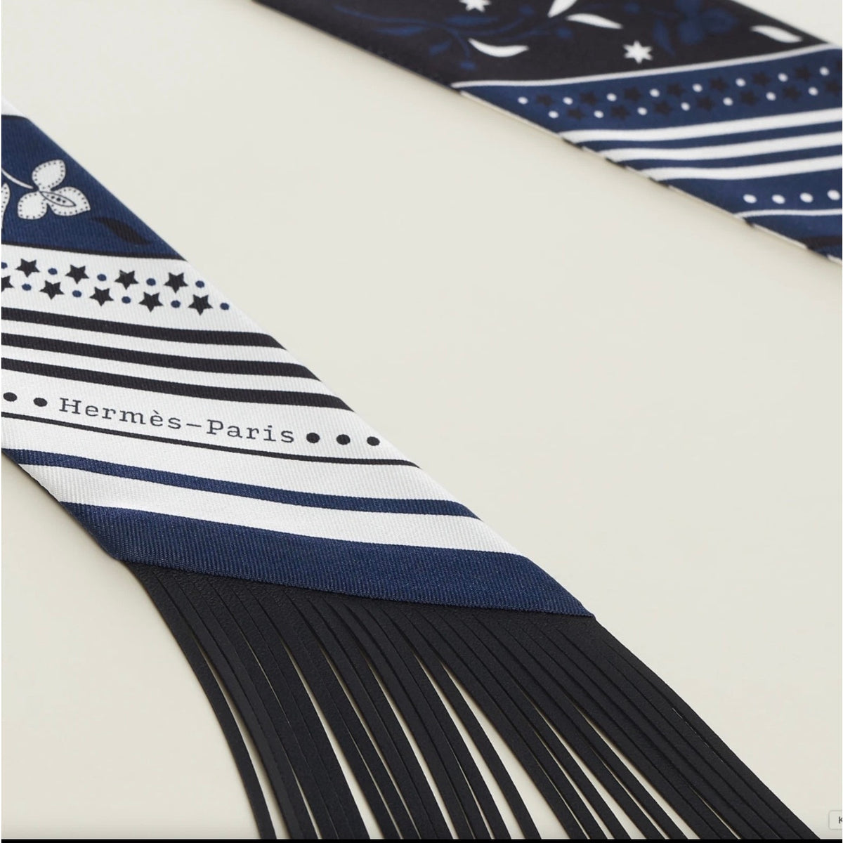 Hermès Festival des Amazones Fringed Silk Twilly Scarf Navy Black Leather Fringe NWT