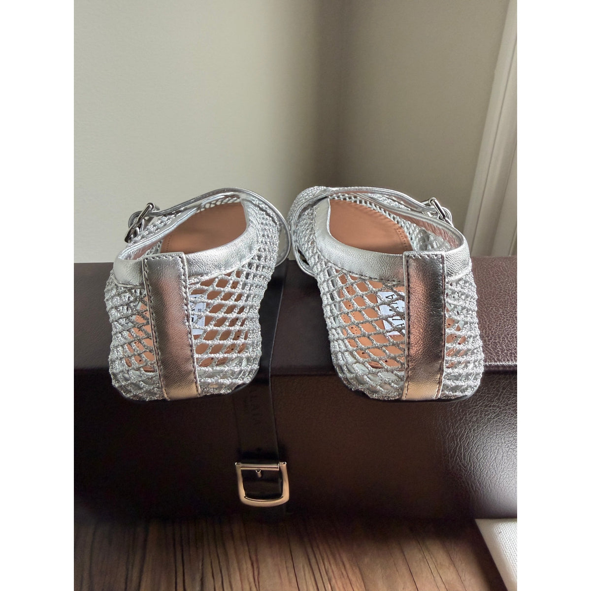 Alaia Metallic Fishnet Mary Jane Flats Silver Argent Size 37 Brand New in Box