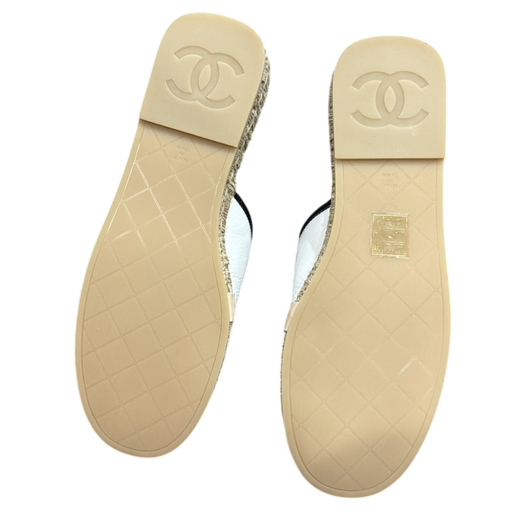 CHANEL Black Cap Toe Interlocking CC Logo White Espadrille Mules 37 BNIB