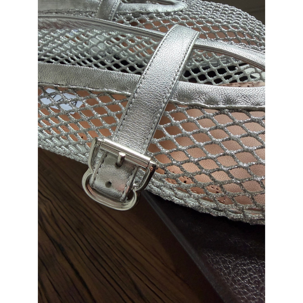 Alaia Metallic Fishnet Mary Jane Flats Silver Argent Size 37 Brand New in Box