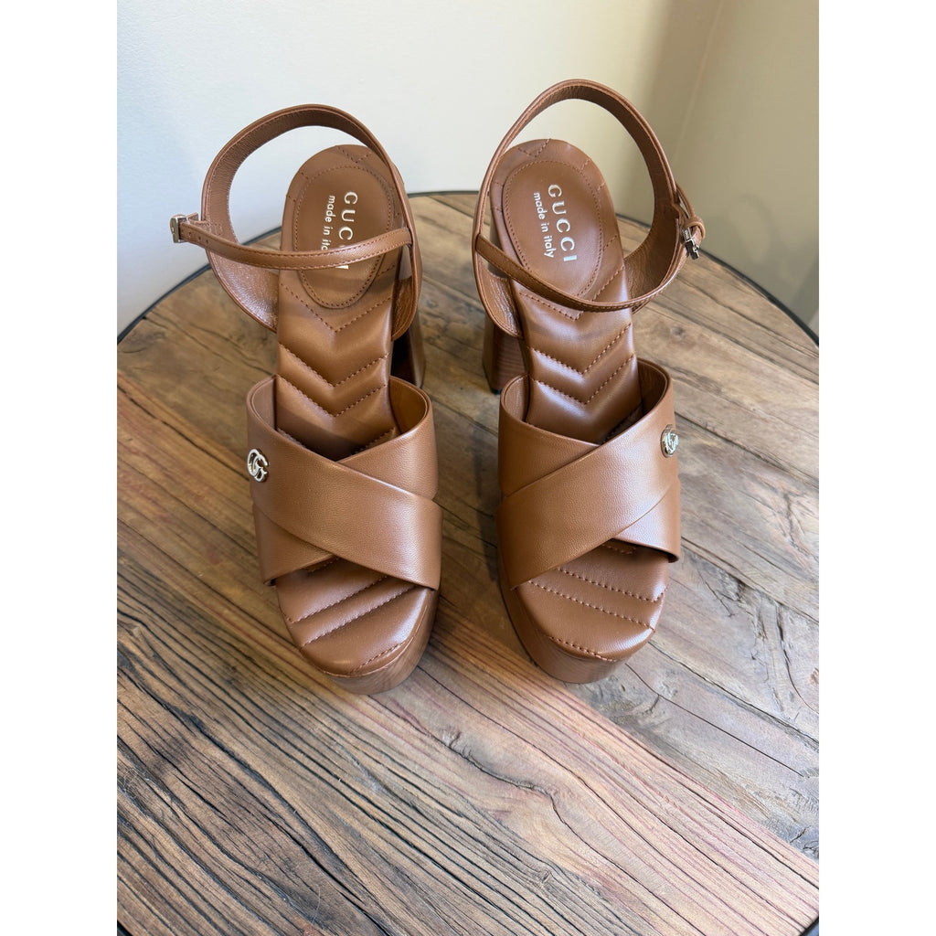 Gucci Platform Sandal Brown Leather Size 37 Brand New in Box