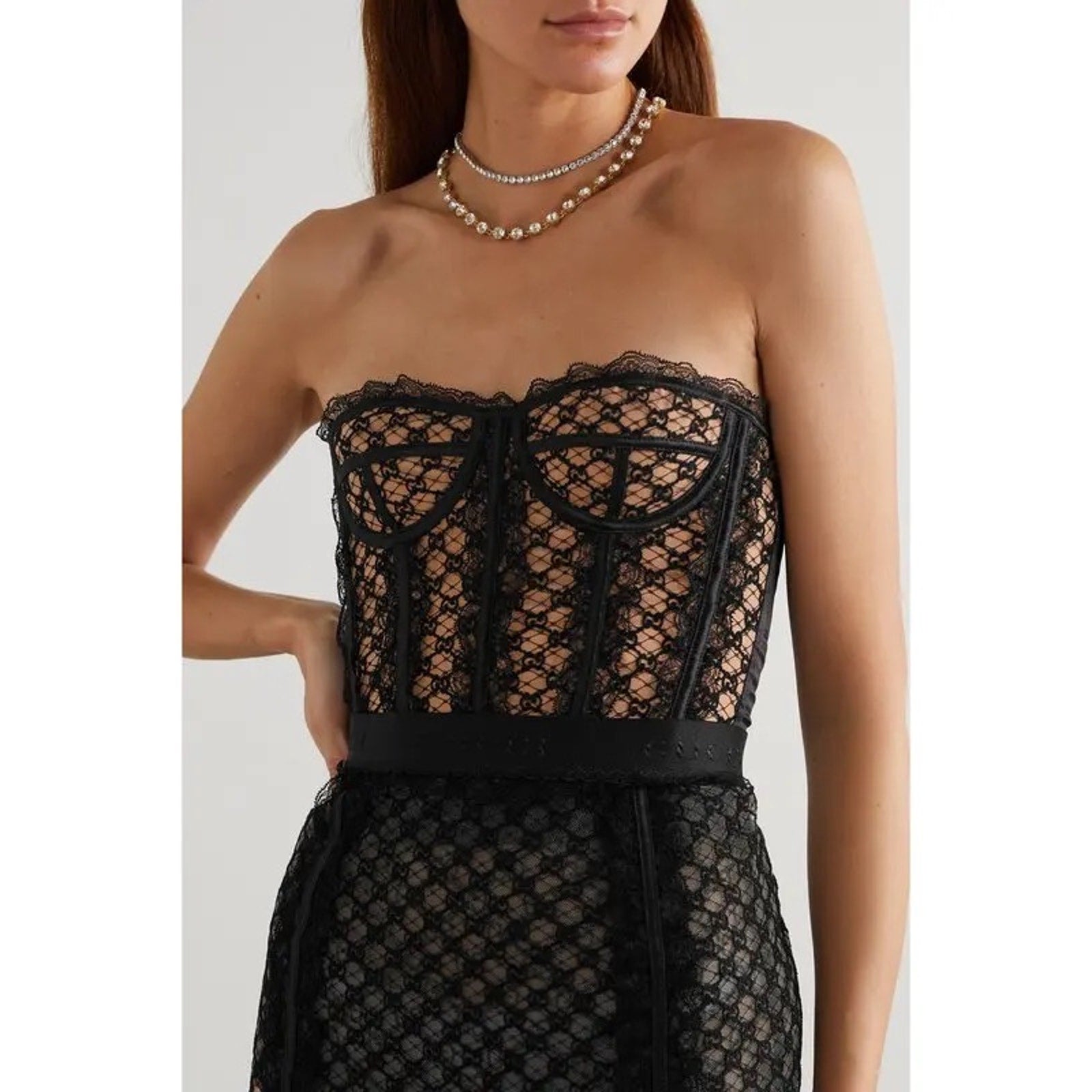 GUCCI Lace-Trimmed Embroidered Cotton-Blend Tulle And Satin Bustier Top Black M