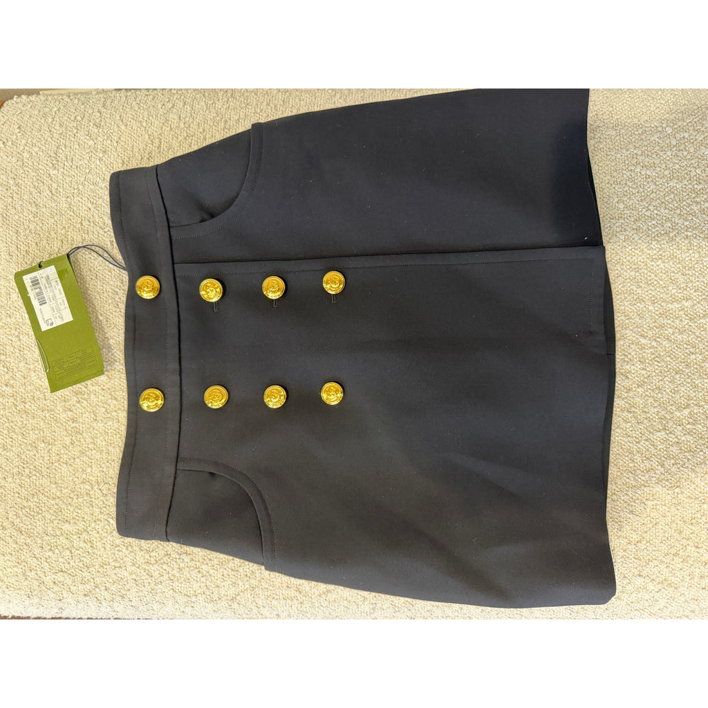 Gucci Black Crepe Button Skirt IT 36 NWT Gold Button Wool Silk Mini