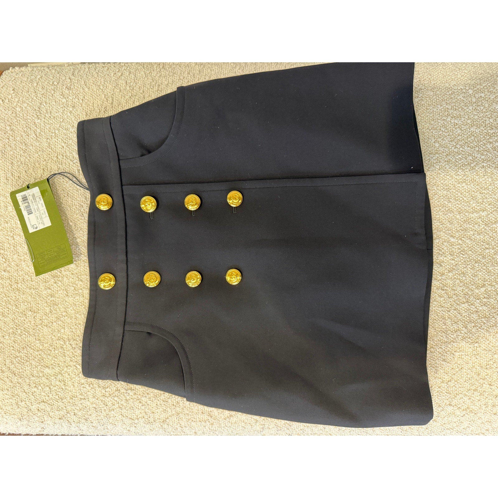 Gucci Black Crepe Button Skirt IT 36 NWT Gold Button Wool Silk Mini