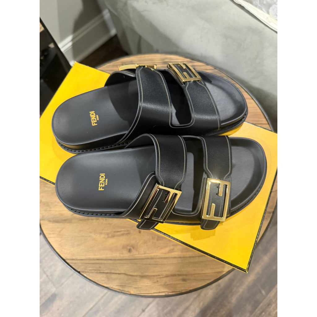 Fendi Feel Double Strap Buckle Black Leather Slides BNIB 39.5