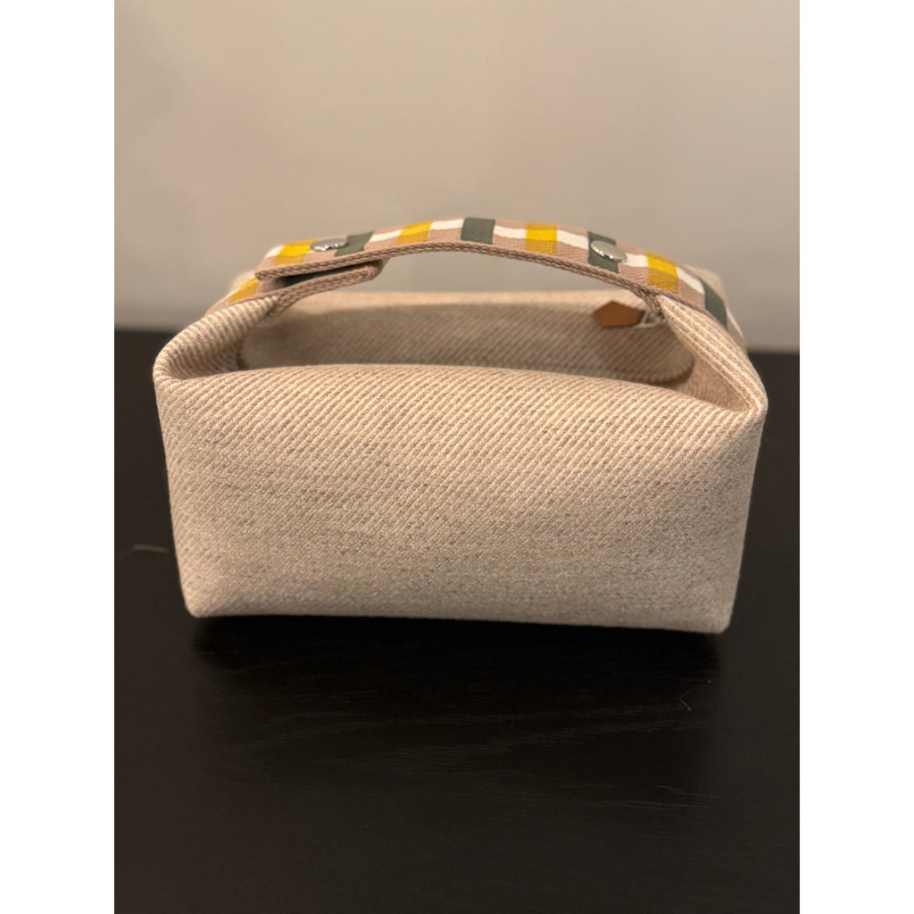 HERMES Wool Small Au Carre Bride-A-Brac Vanity Pouch Seigle Bag
