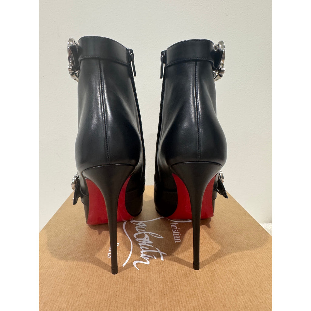 Christian Louboutin Giddylina 100mm Black Leather Buckle Ankle Boots Size 37.5 New in Box