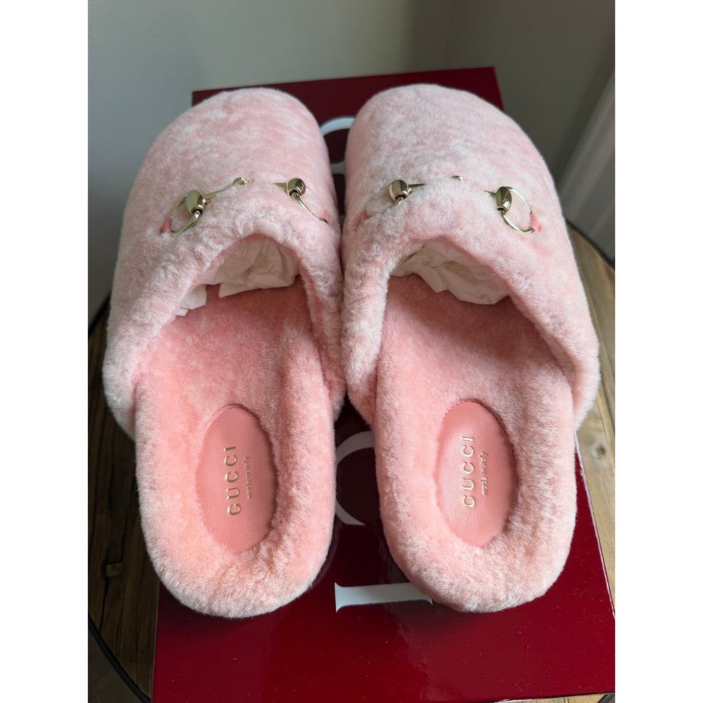 Gucci Horsebit Merino Wool Pink Mules Flat Slides Women’s Shoes Size 38