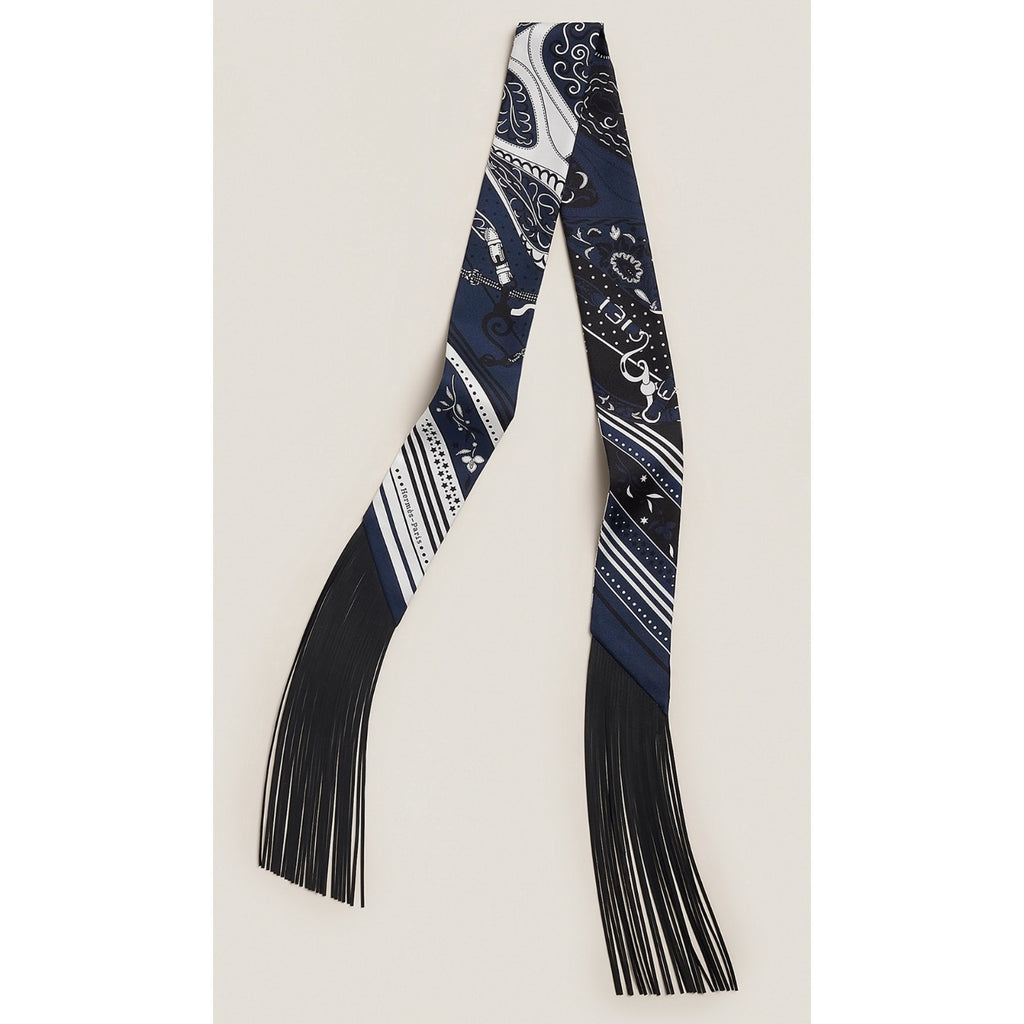 Hermès Festival des Amazones Fringed Silk Twilly Scarf Navy Black Leather Fringe NWT