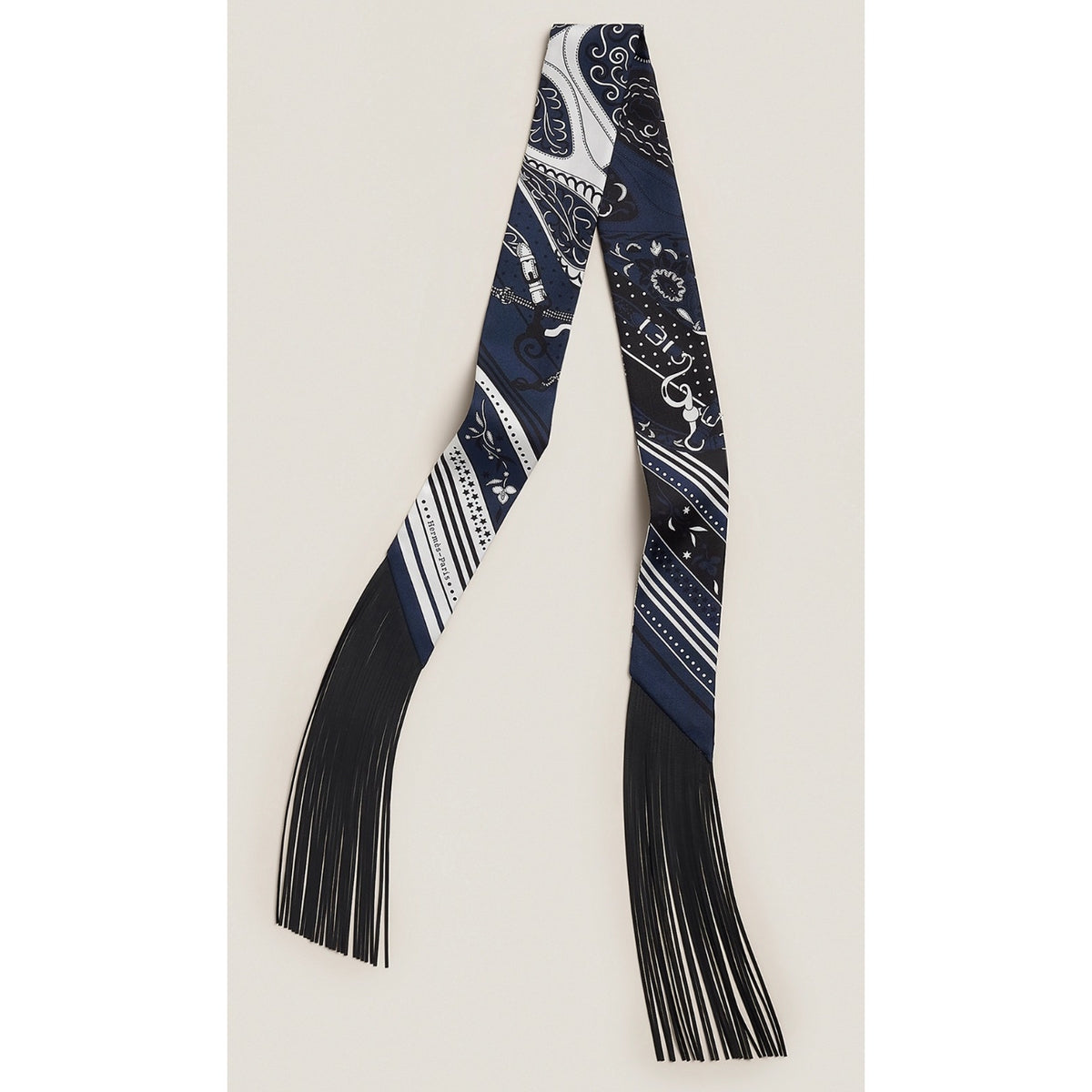 Hermès Festival des Amazones Fringed Silk Twilly Scarf Navy Black Leather Fringe NWT