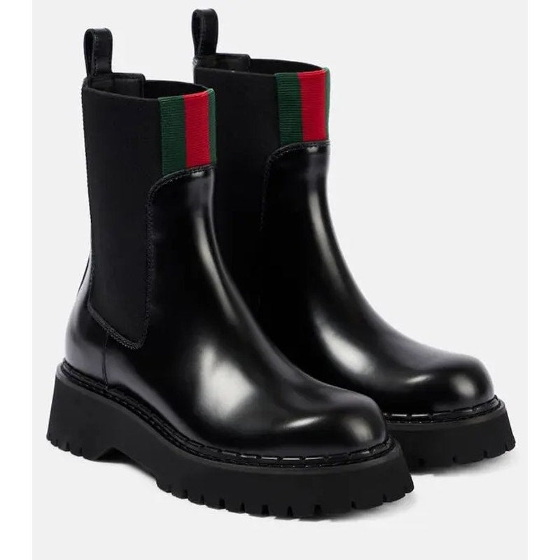 Gucci Web Stripe Leather Chelsea Boots Black Size 38.5 Brand New in Box