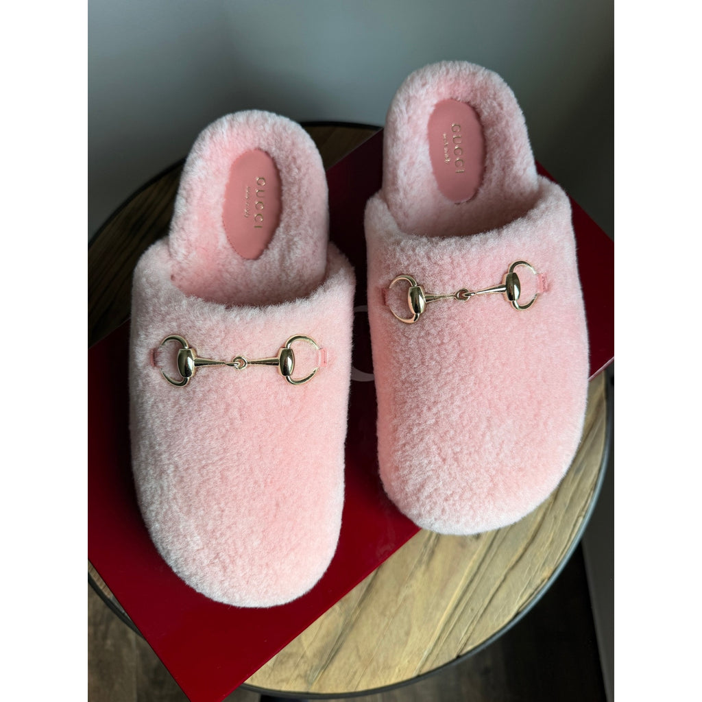 Gucci Horsebit Merino Wool Pink Mules Flat Slides Women’s Shoes Size 37