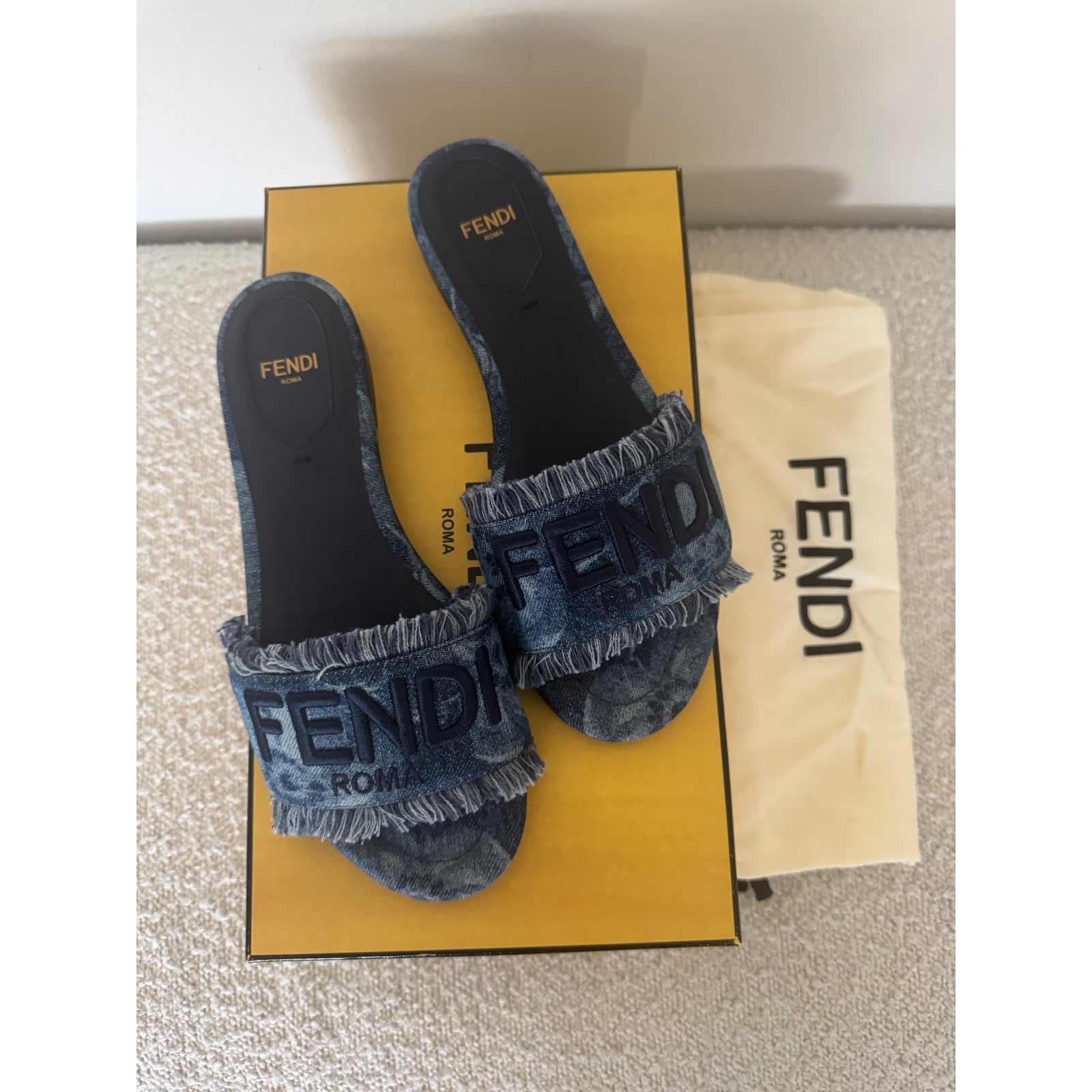 FENDI Sunshine Floral Denim Frayed Slide Sandals BNIB Size 36