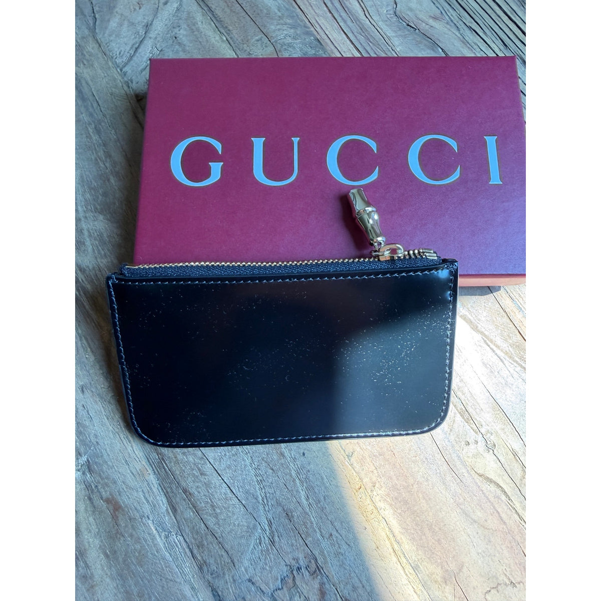 Gucci Bamboo Card Case Black Leather Zip Card Holder Wallet BNIB