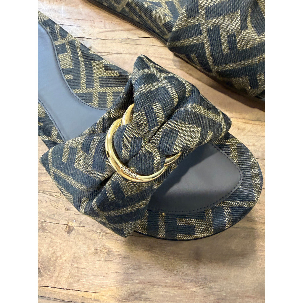 Fendi Feel Knotted Slide Sandals Brown FF Logo Satin Slides Size 37 Brand New in Box