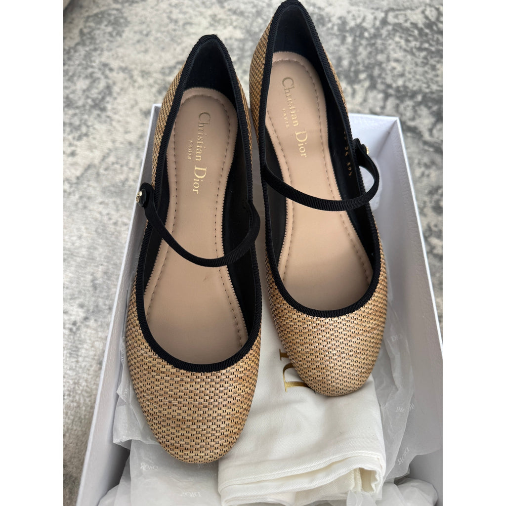 Christian Dior “Lovely-D” Raffia Mary Jane Ballet Flats 39.5 BNIB
