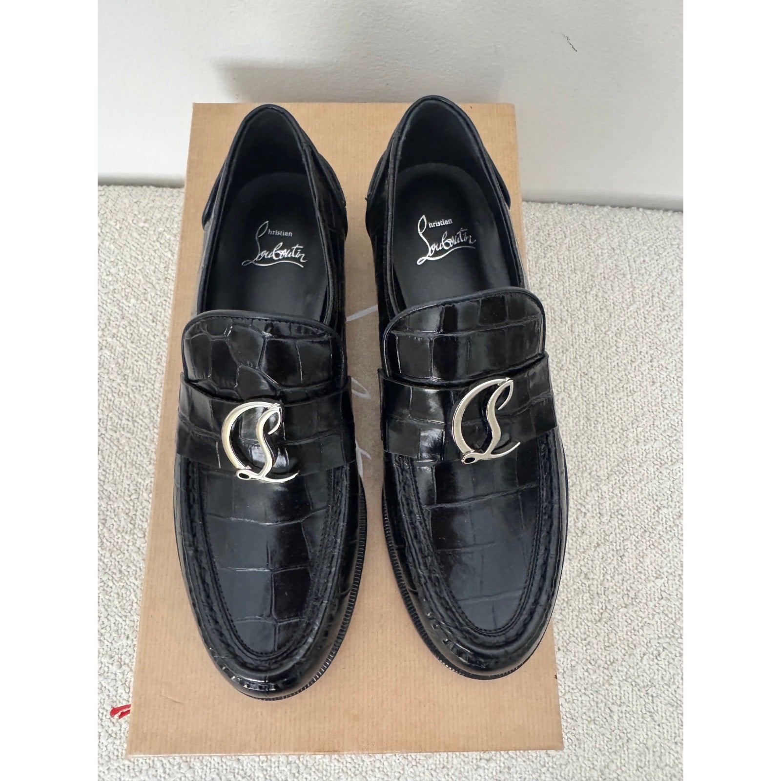 CHRISTIAN LOUBOUTIN CL Moc flat embossed black leather loafers size 38 BNIB