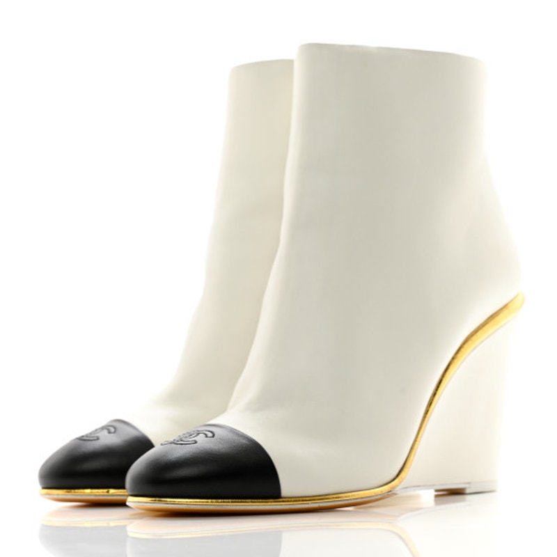 CHANEL Lambskin Cap Toe Wedge Boots White Black Size 38.5