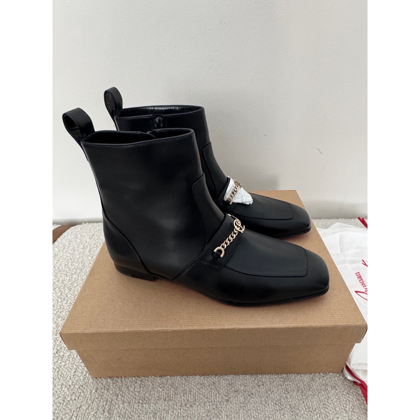 CHRISTIAN LOUBOUTIN 
Chain Detail Apron Toe Bootie 38 BNIB
