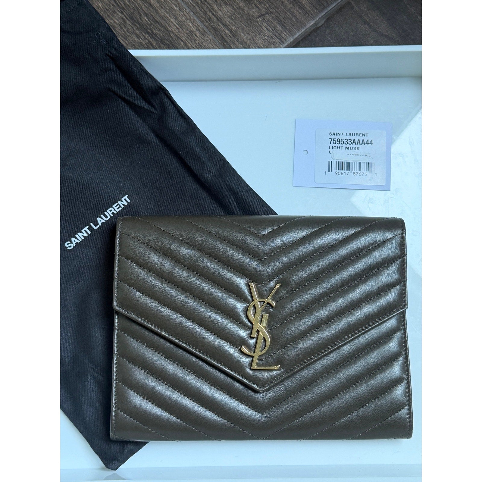 Saint Laurent Cassandre Chevron Flap Pouch Clutch Dark Musk NWT
