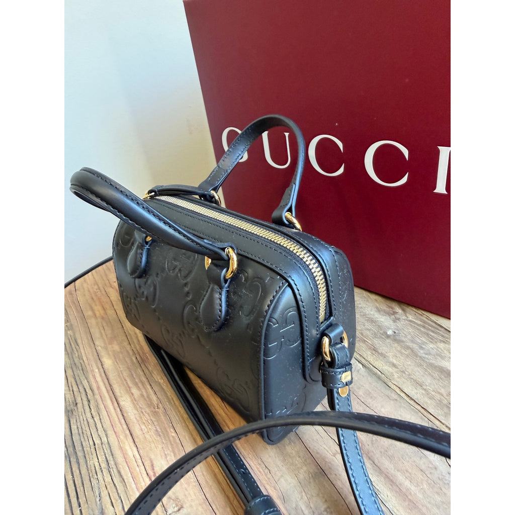Gucci GG Super Black Mini Tote Bag Black Debossed GG Leather Crossbody NWT