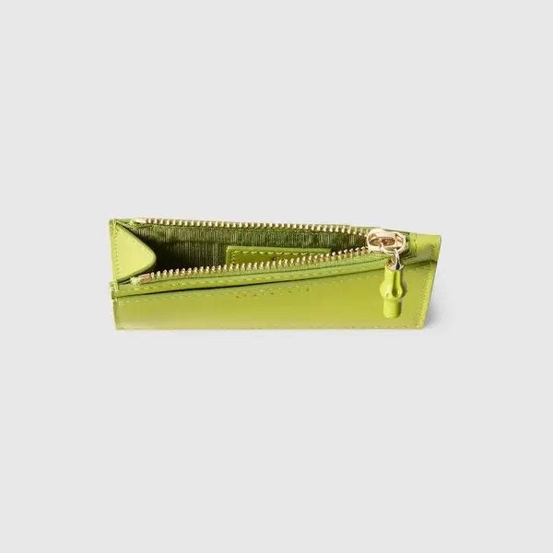 Gucci Bamboo Leather Card Case Green Zip Wallet BNIB